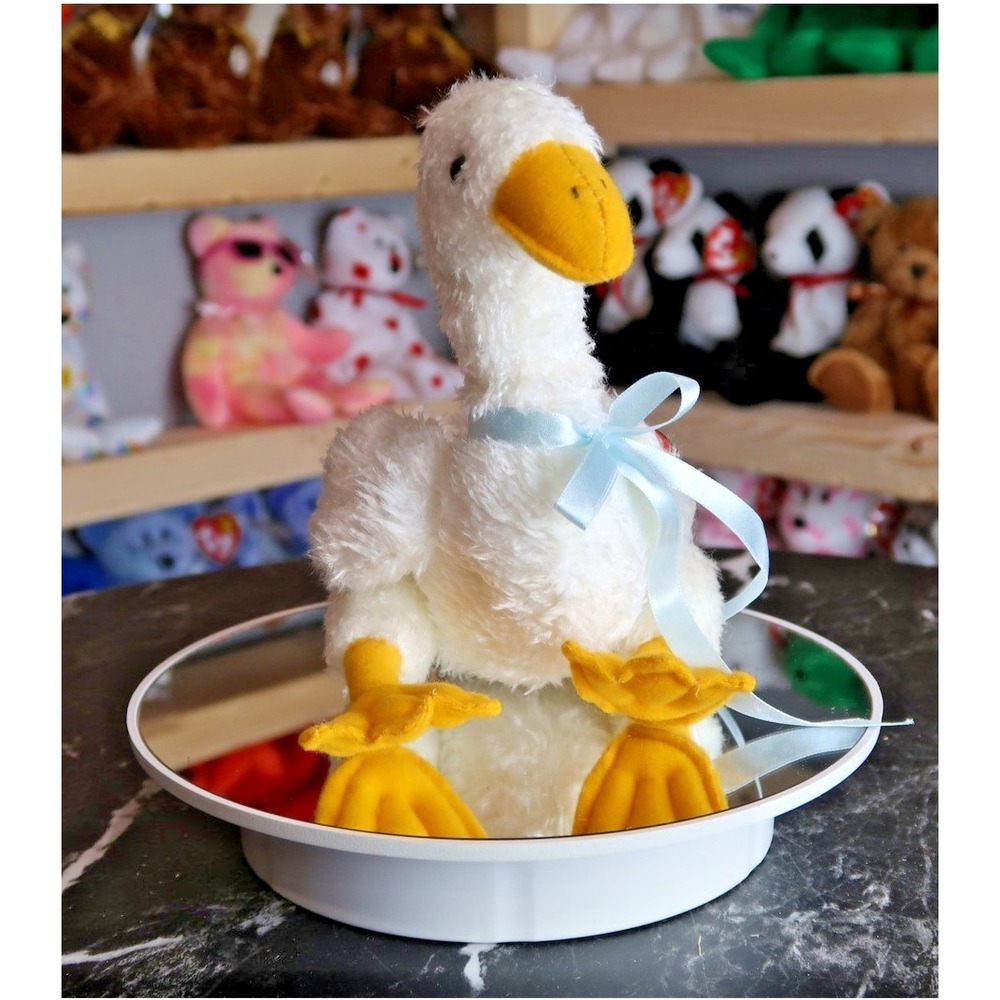 Ty Attic Treasures Georgette the Goose White Plush Bird Blue Ribbon 6091 NWT